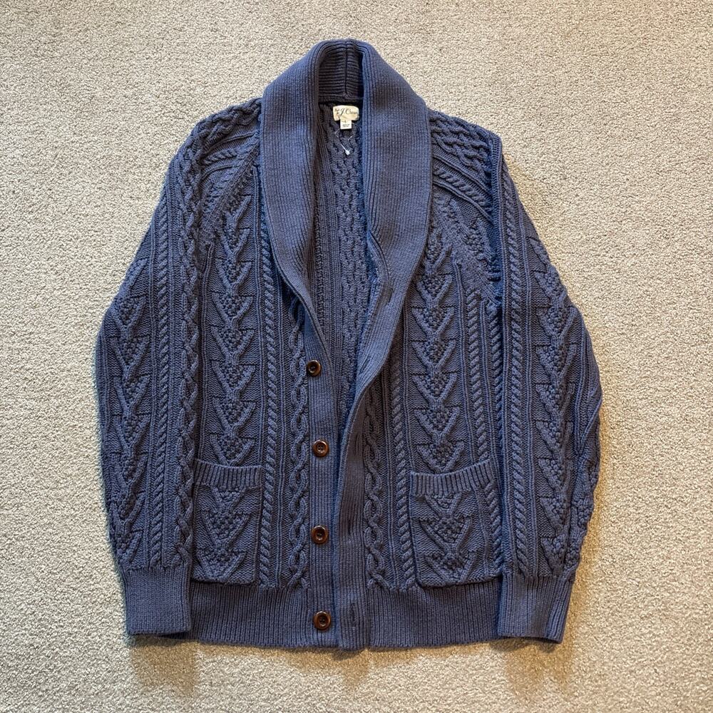 J. CREW Mens Sweater Cable-Knit Shawl Cardigan Cotton Dusty Navy Sz Large